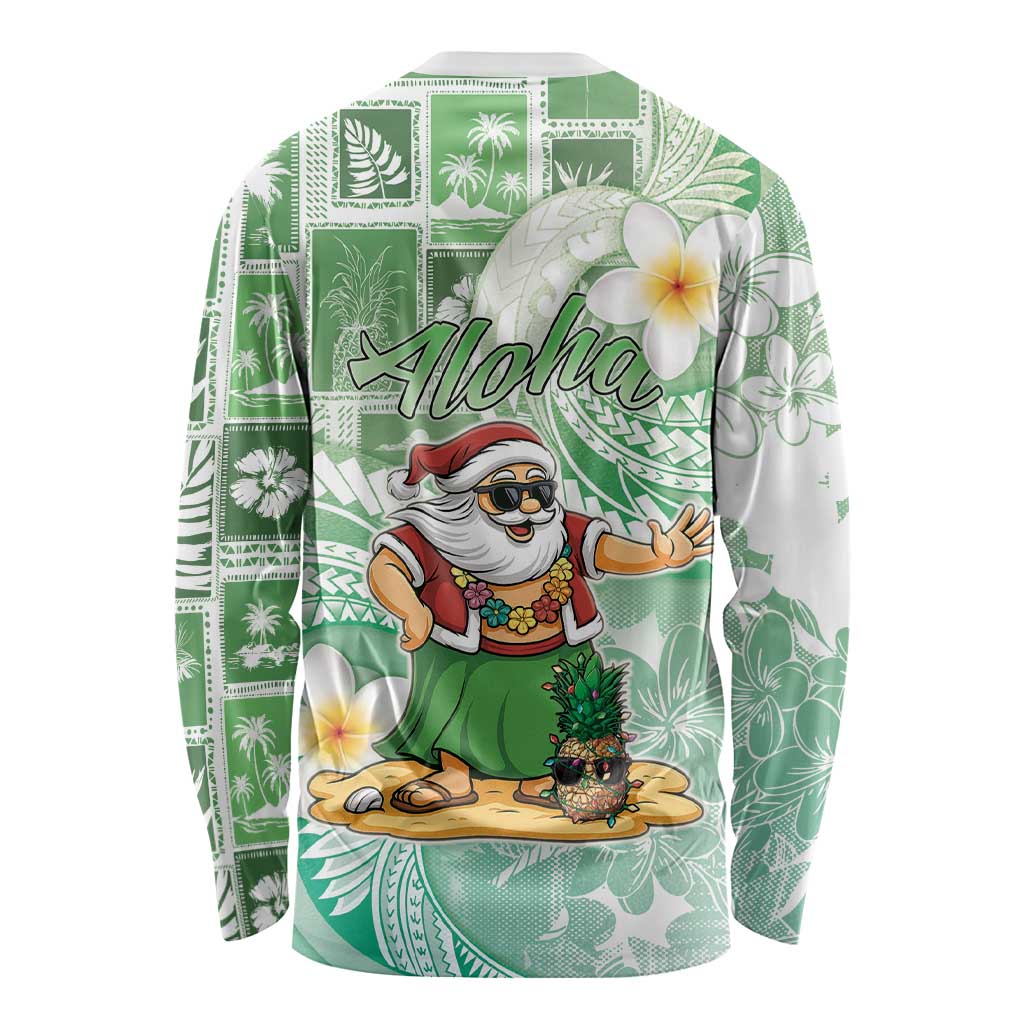 Hawaii Mele Kalikimaka Long Sleeve Shirt Hula Santa Retro Style Green - Polynesian Pride
