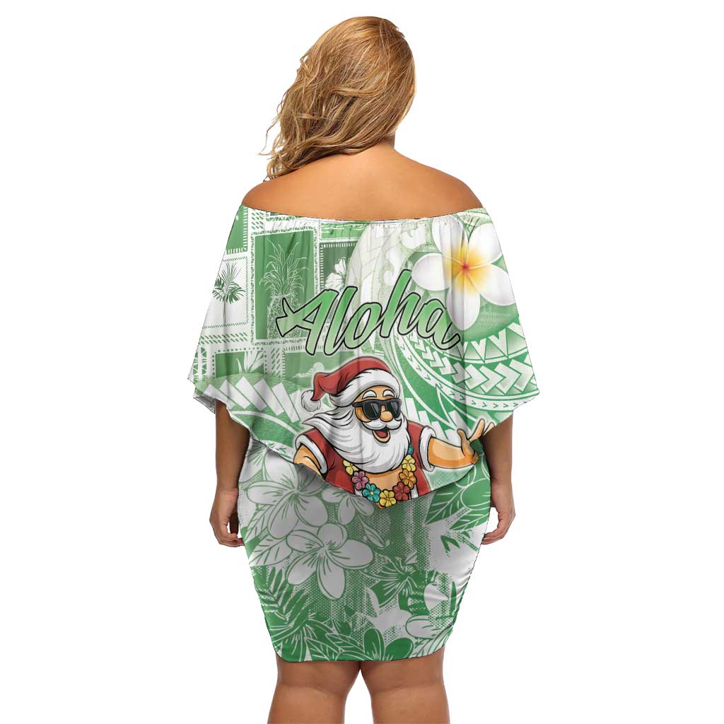 Hawaii Mele Kalikimaka Off Shoulder Short Dress Hula Santa Retro Style Green - Polynesian Pride