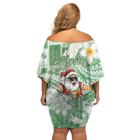 Hawaii Mele Kalikimaka Off Shoulder Short Dress Hula Santa Retro Style Green - Polynesian Pride