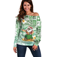 Hawaii Mele Kalikimaka Off Shoulder Sweater Hula Santa Retro Style Green - Polynesian Pride