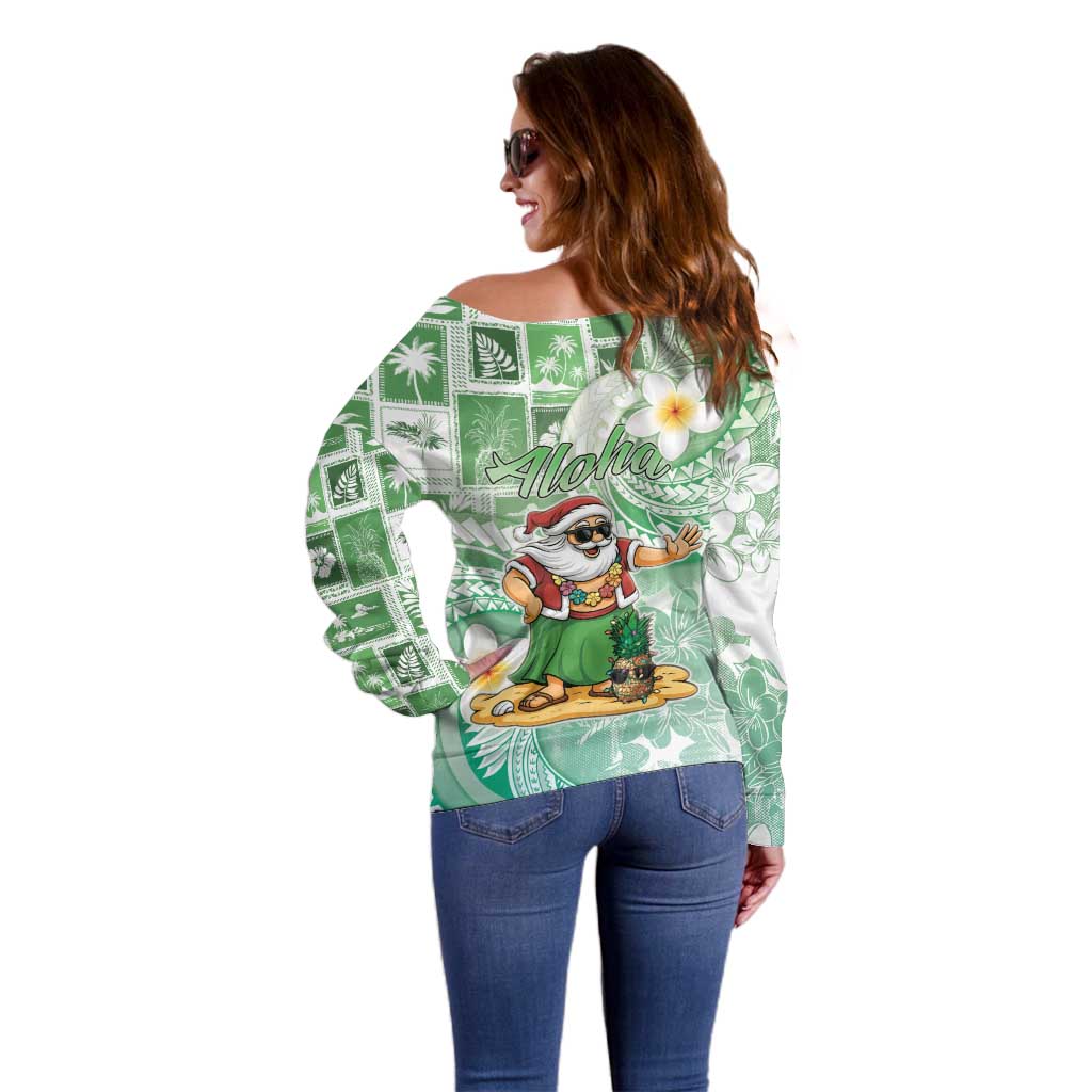 Hawaii Mele Kalikimaka Off Shoulder Sweater Hula Santa Retro Style Green - Polynesian Pride