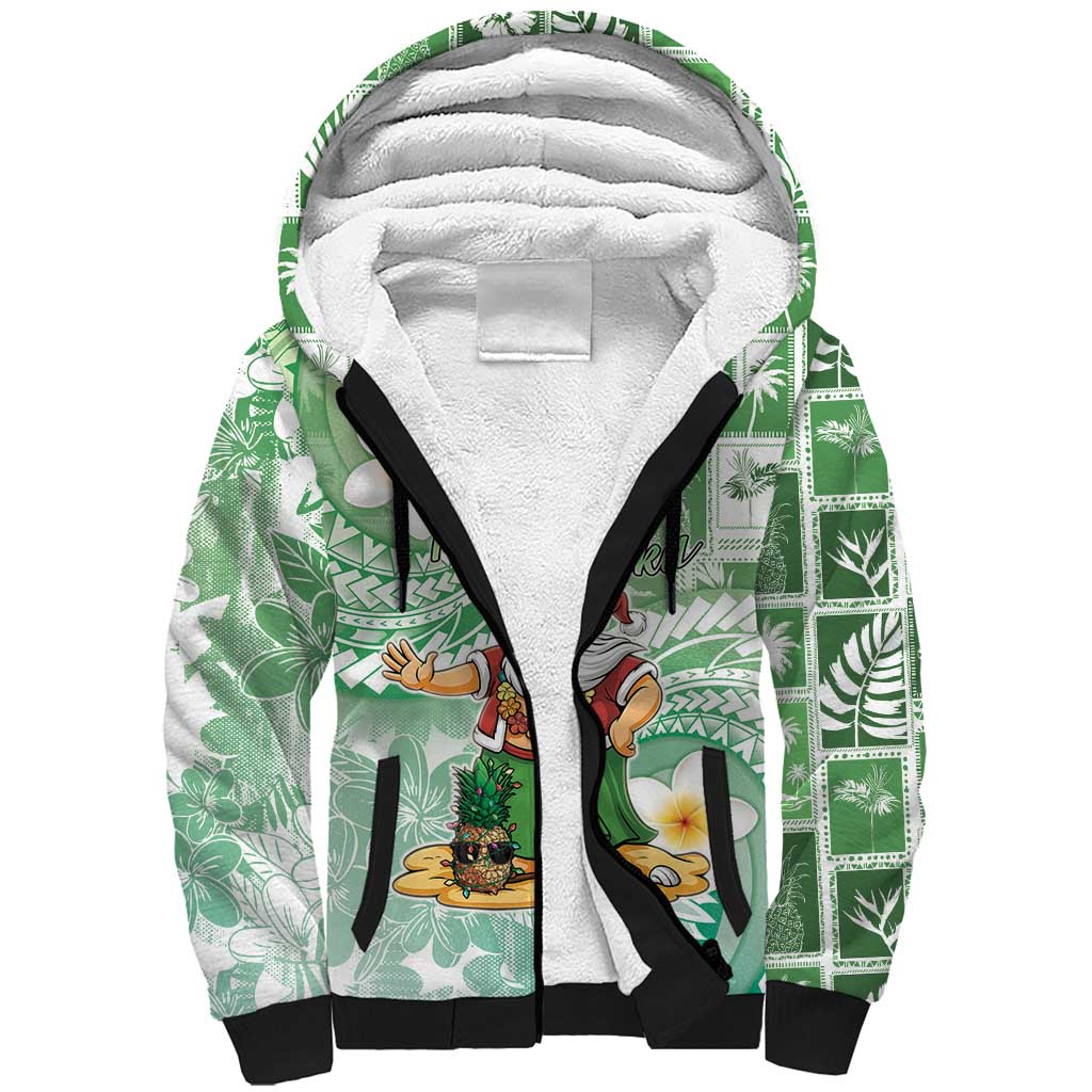 Hawaii Mele Kalikimaka Sherpa Hoodie Hula Santa Retro Style Green - Polynesian Pride