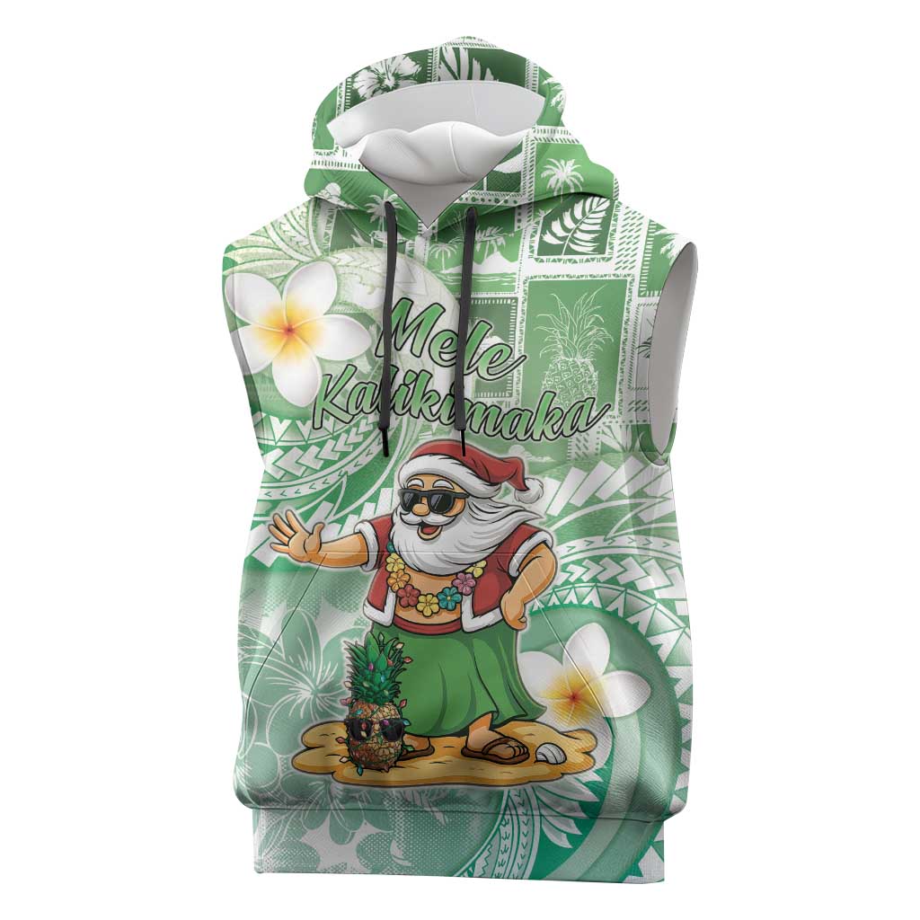 Hawaii Mele Kalikimaka Sleeveless Hoodie Hula Santa Retro Style Green - Polynesian Pride