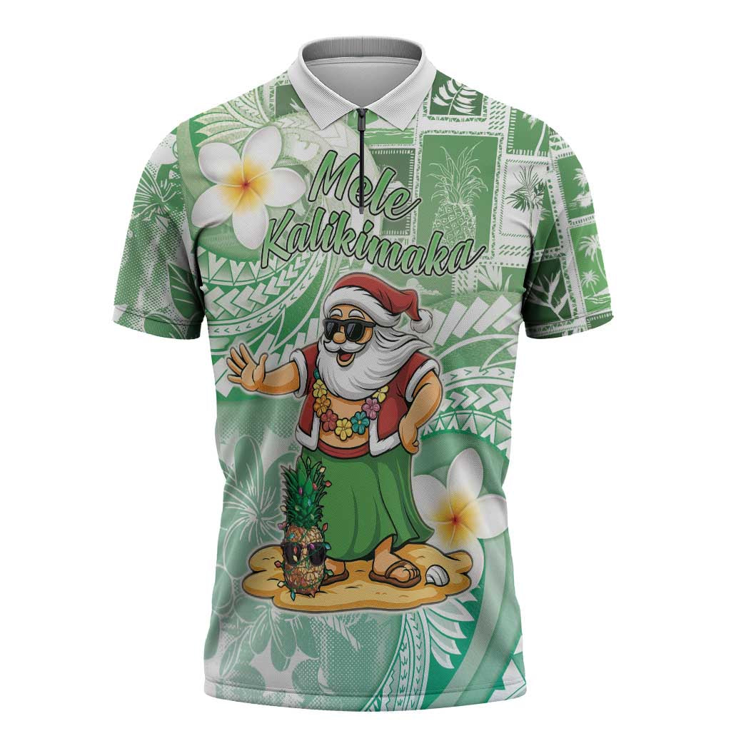 Hawaii Mele Kalikimaka Zipper Polo Shirt Hula Santa Retro Style Green - Polynesian Pride