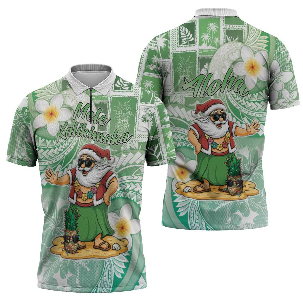 Hawaii Mele Kalikimaka Zipper Polo Shirt Hula Santa Retro Style Green - Polynesian Pride
