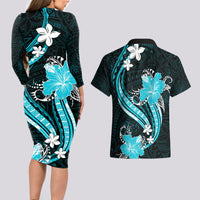 Aqua Polynesian Pattern With Tropical Flowers Couples Matching Long Sleeve Bodycon Dress and Hawaiian Shirt LT05 - Polynesian Pride