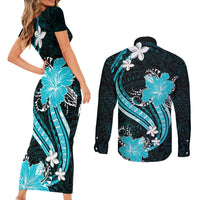 Aqua Polynesian Pattern With Tropical Flowers Couples Matching Short Sleeve Bodycon Dress and Long Sleeve Button Shirt LT05 - Polynesian Pride