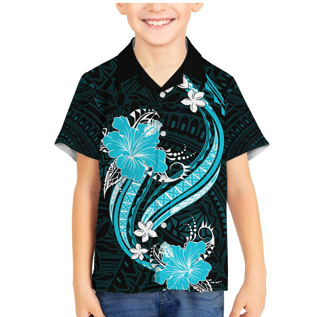 Aqua Polynesian Pattern With Tropical Flowers Family Matching Mermaid Dress and Hawaiian Shirt LT05 Son's Shirt Aqua - Polynesian Pride