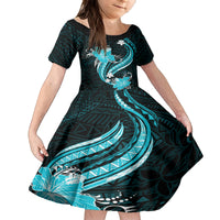 Aqua Polynesian Pattern With Tropical Flowers Family Matching Off Shoulder Short Dress and Hawaiian Shirt LT05 Daughter's Dress Aqua - Polynesian Pride