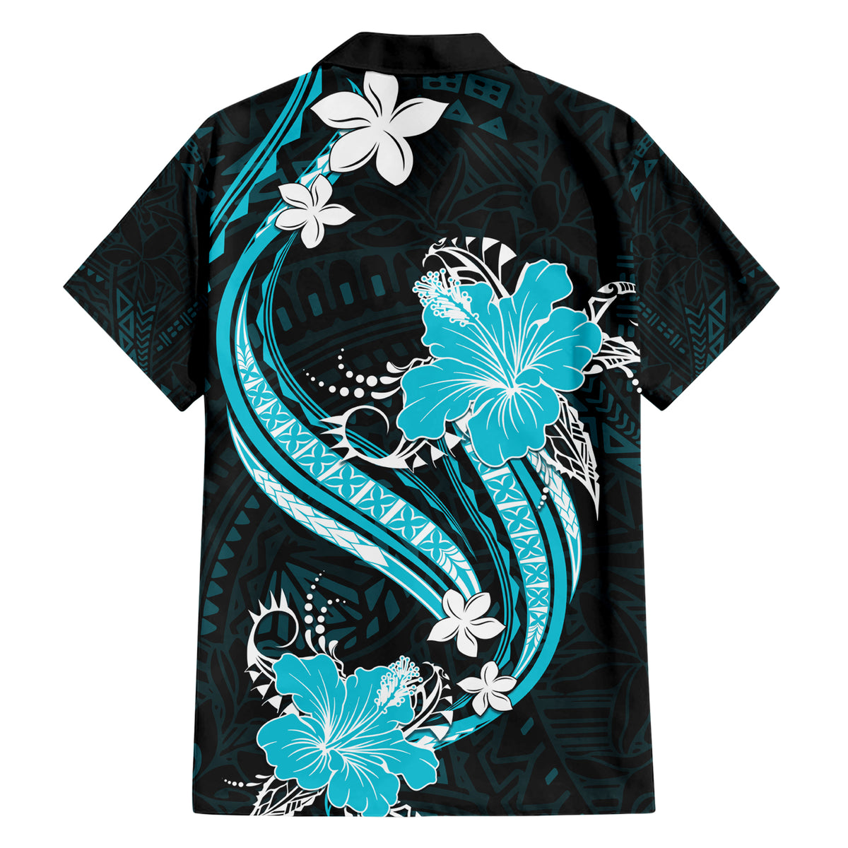Aqua Polynesian Pattern With Tropical Flowers Family Matching Short Sleeve Bodycon Dress and Hawaiian Shirt LT05 - Polynesian Pride