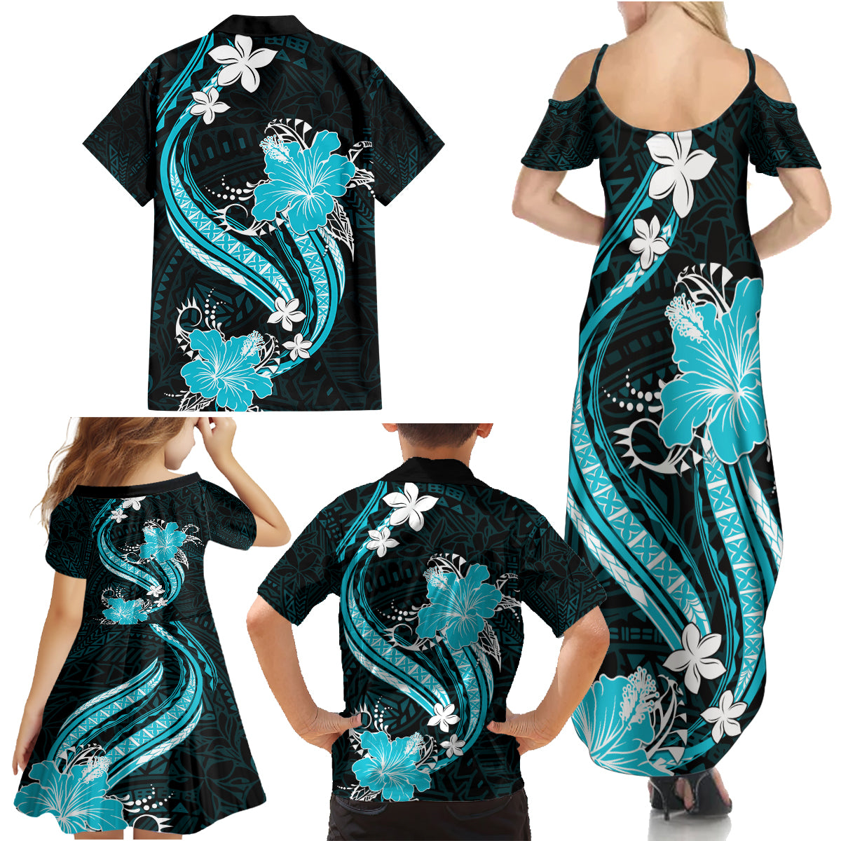 Aqua Polynesian Pattern With Tropical Flowers Family Matching Summer Maxi Dress and Hawaiian Shirt LT05 - Polynesian Pride