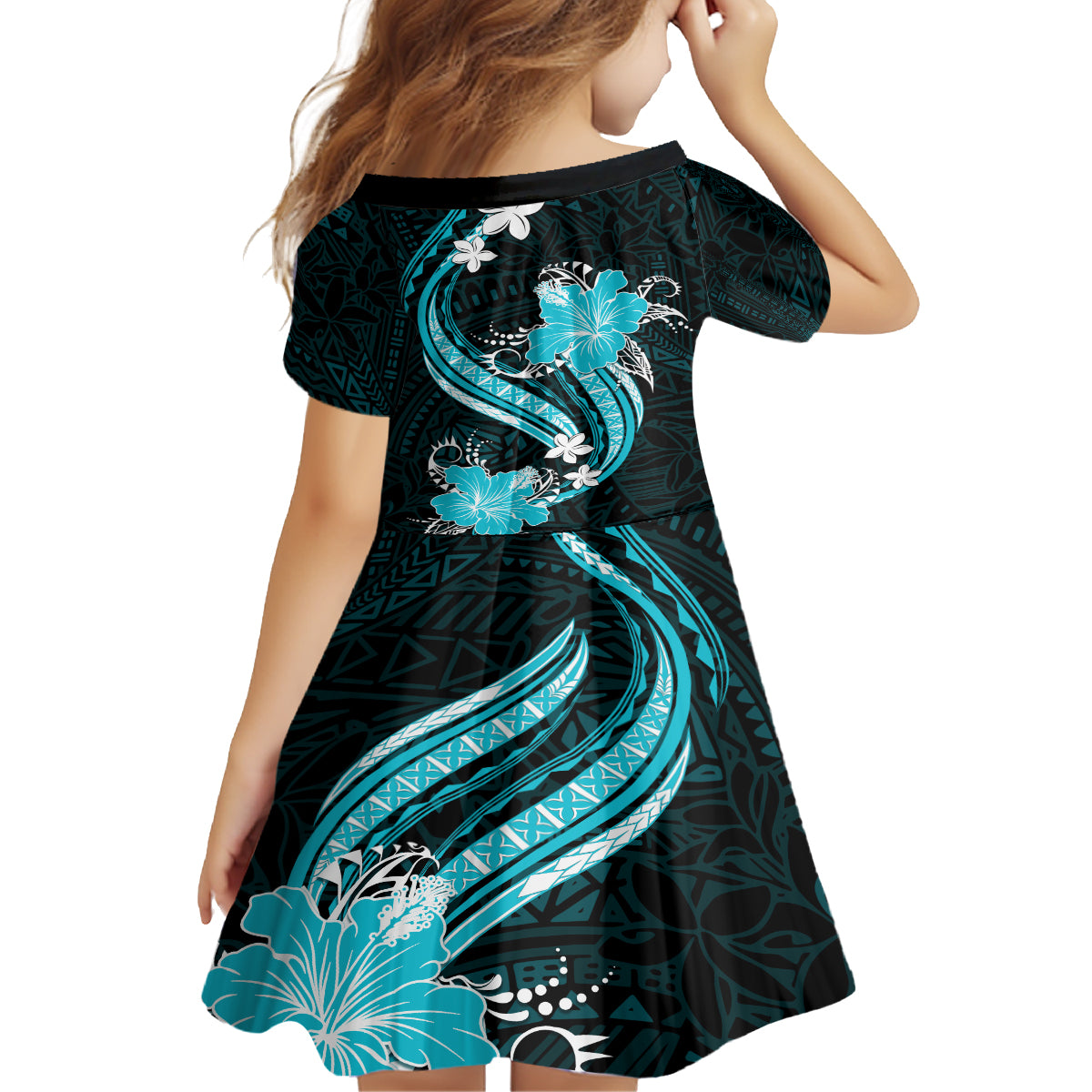 Aqua Polynesian Pattern With Tropical Flowers Family Matching Tank Maxi Dress and Hawaiian Shirt LT05 - Polynesian Pride