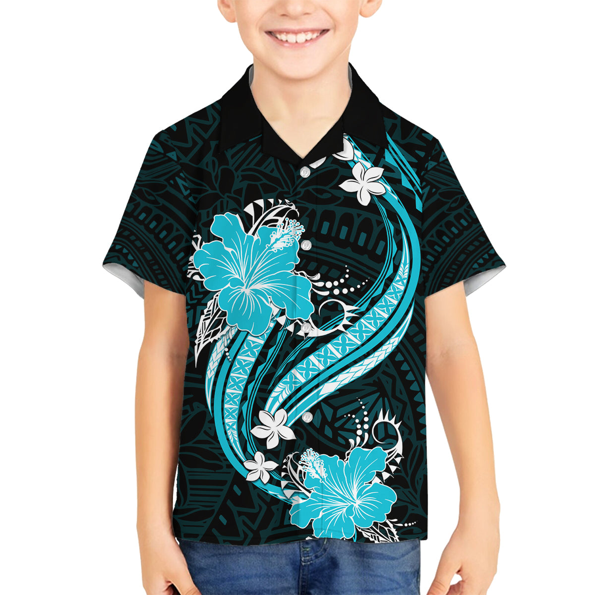 Aqua Polynesian Pattern With Tropical Flowers Family Matching Tank Maxi Dress and Hawaiian Shirt LT05 Son's Shirt Aqua - Polynesian Pride