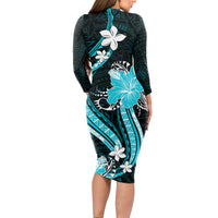 Aqua Polynesian Pattern With Tropical Flowers Long Sleeve Bodycon Dress LT05 - Polynesian Pride