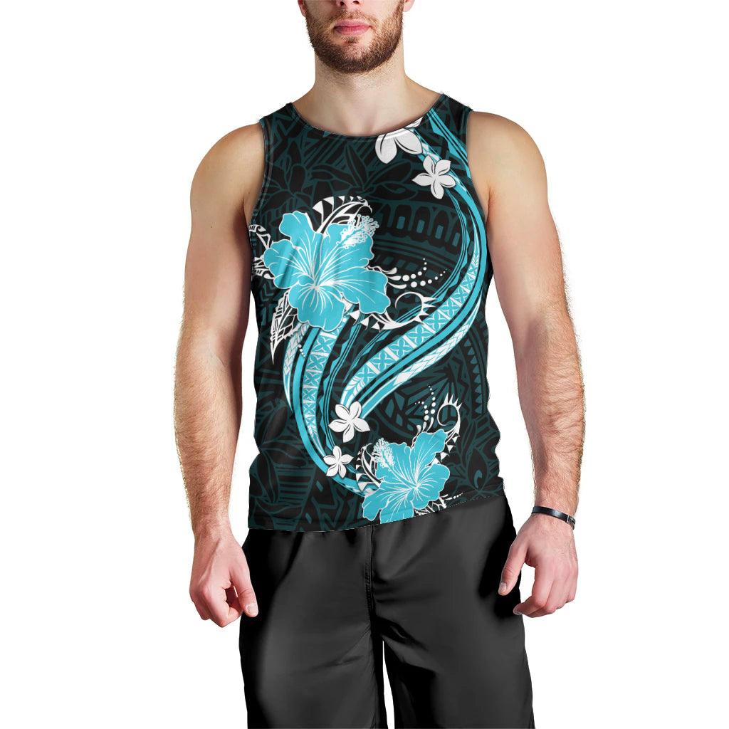 Aqua Polynesian Pattern With Tropical Flowers Men Tank Top LT05 - Polynesian Pride