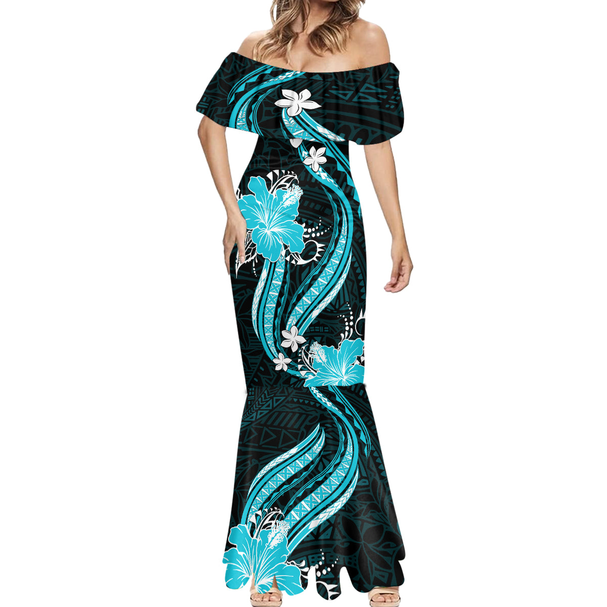 Aqua Polynesian Pattern With Tropical Flowers Mermaid Dress LT05 - Polynesian Pride