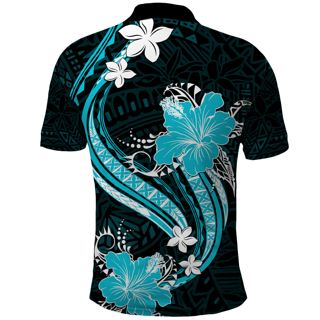 Aqua Polynesian Pattern With Tropical Flowers Polo Shirt LT05 - Polynesian Pride