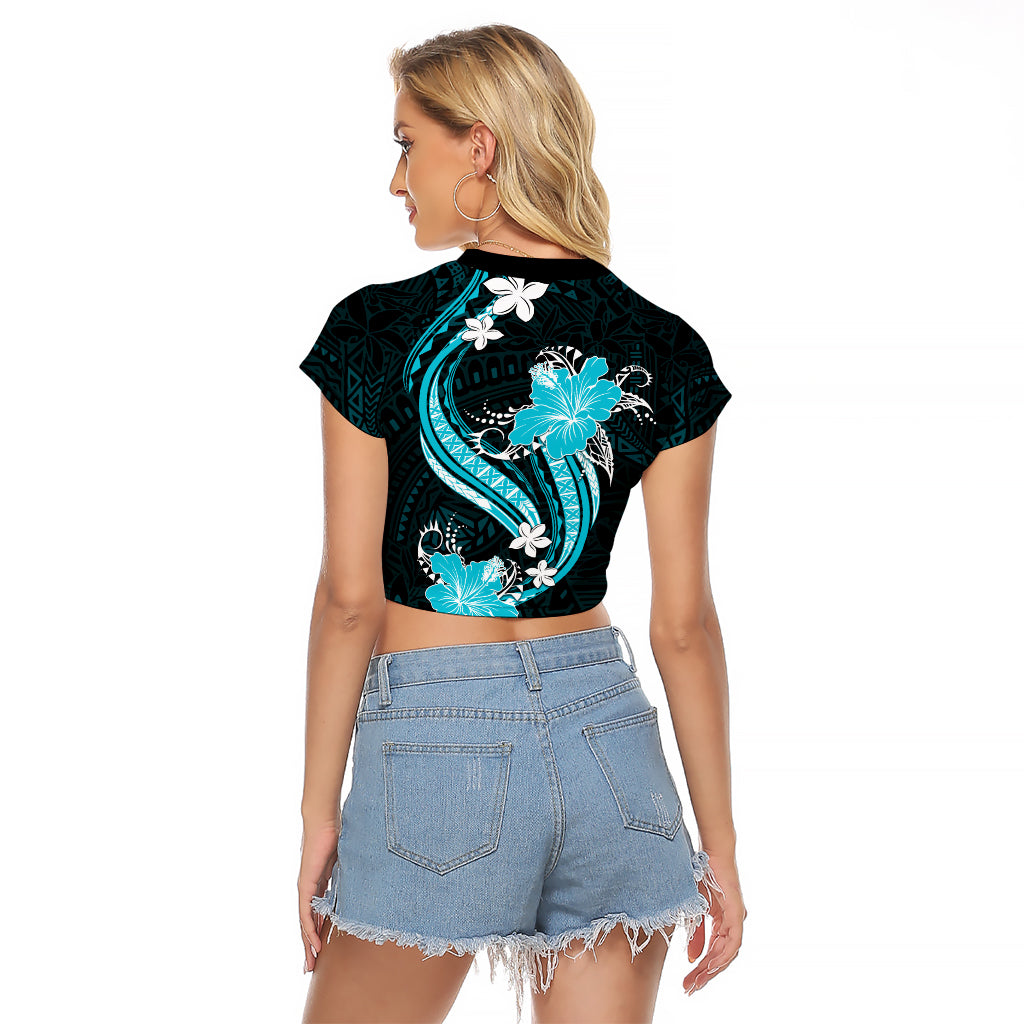 Aqua Polynesian Pattern With Tropical Flowers Raglan Cropped T Shirt LT05 - Polynesian Pride