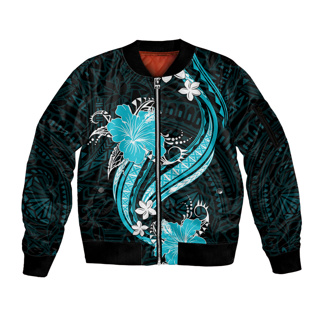 Aqua Polynesian Pattern With Tropical Flowers Sleeve Zip Bomber Jacket LT05 Unisex Aqua - Polynesian Pride