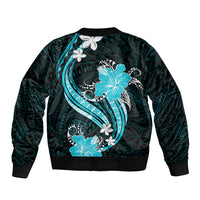 Aqua Polynesian Pattern With Tropical Flowers Sleeve Zip Bomber Jacket LT05 - Polynesian Pride