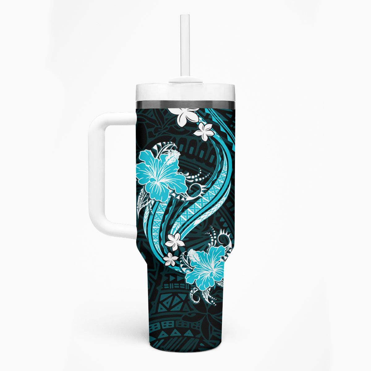 Aqua Polynesian Pattern With Tropical Flowers Tumbler With Handle