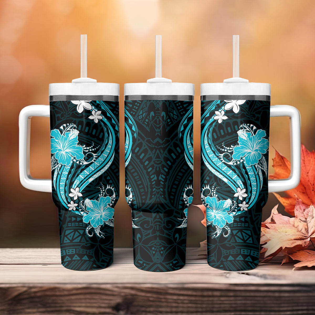 Aqua Polynesian Pattern With Tropical Flowers Tumbler With Handle