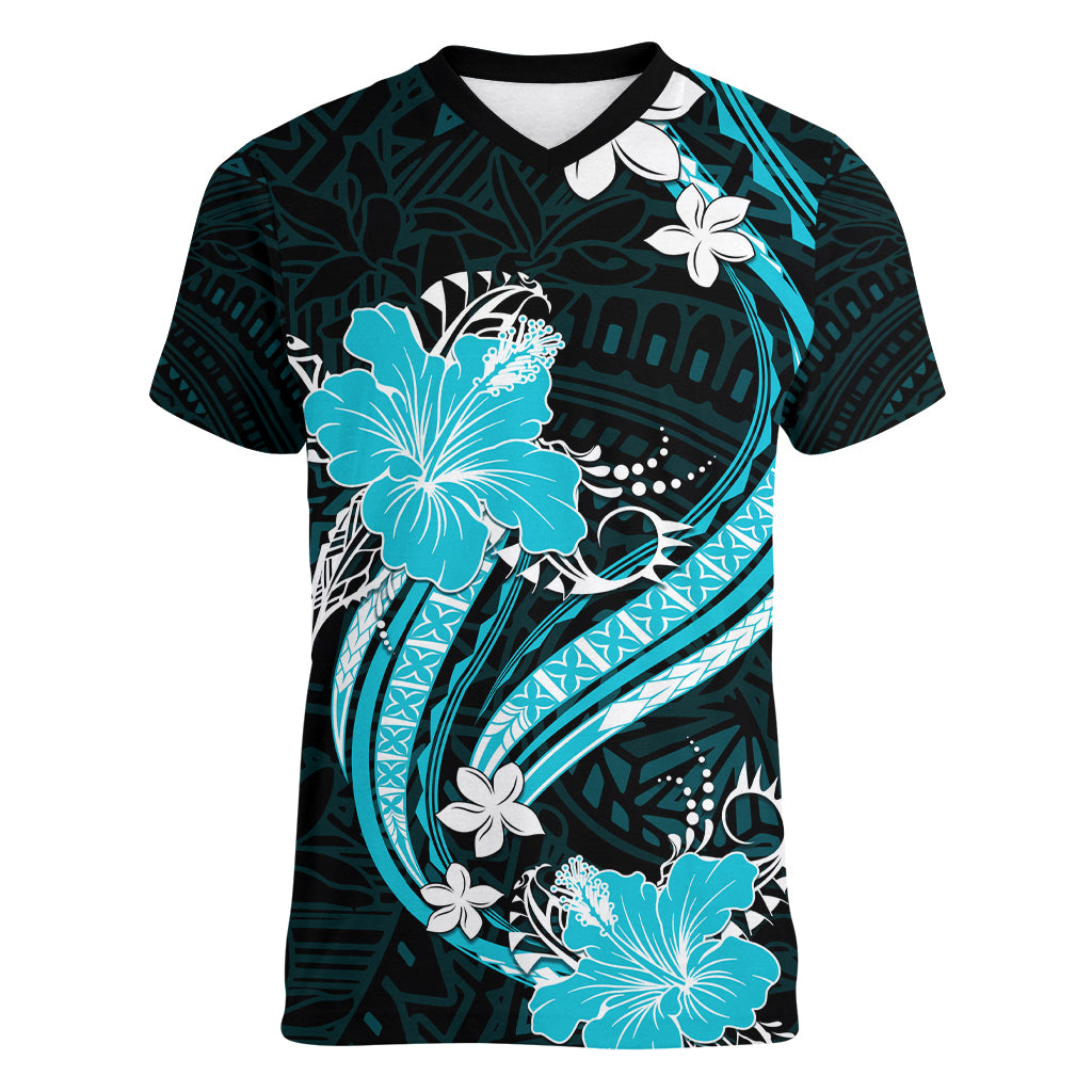 Aqua Polynesian Pattern With Tropical Flowers Women V Neck T Shirt LT05 Female Aqua - Polynesian Pride