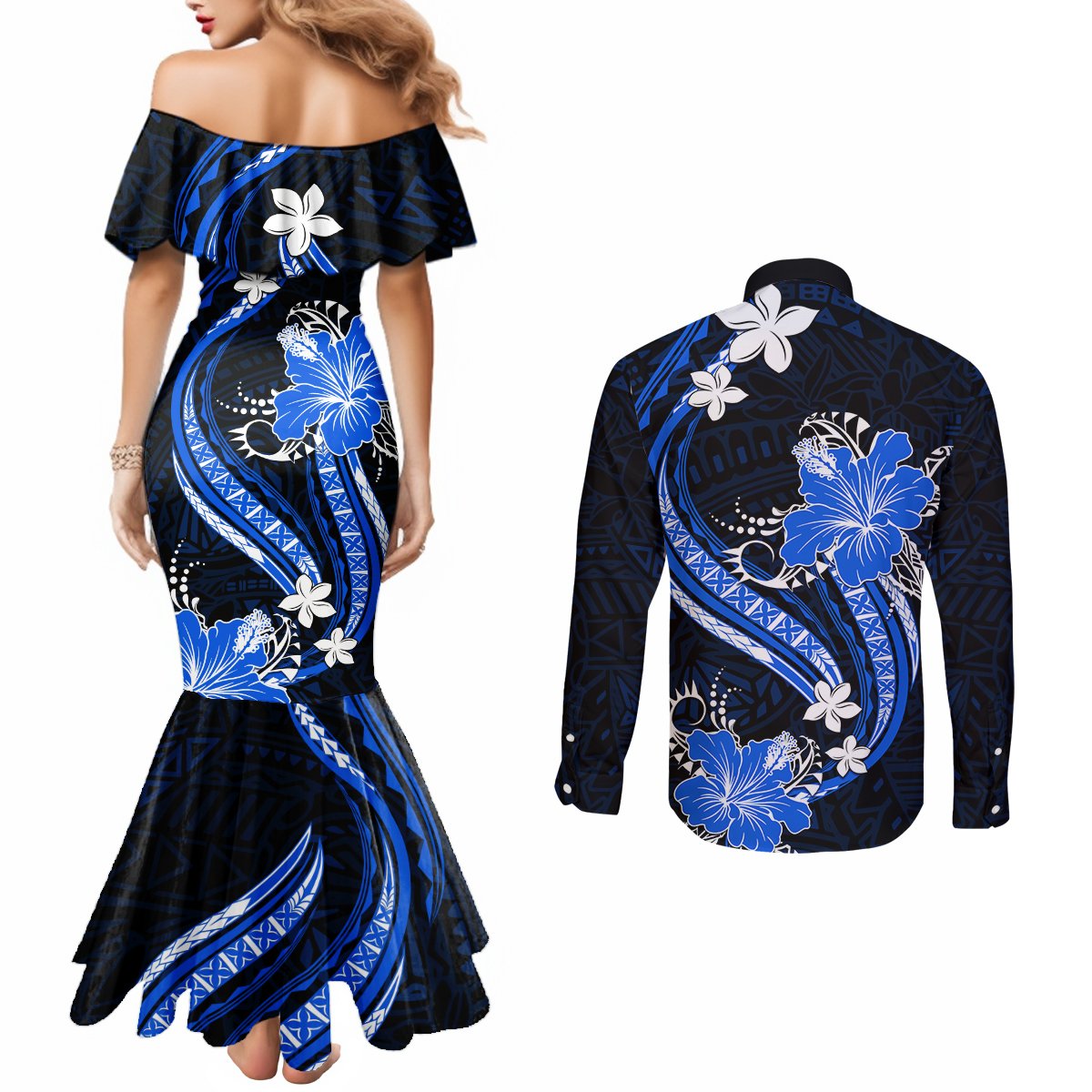 Blue Polynesian Pattern With Tropical Flowers Couples Matching Mermaid Dress and Long Sleeve Button Shirt LT05 - Polynesian Pride