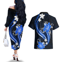 Blue Polynesian Pattern With Tropical Flowers Couples Matching Off The Shoulder Long Sleeve Dress and Hawaiian Shirt LT05 - Polynesian Pride