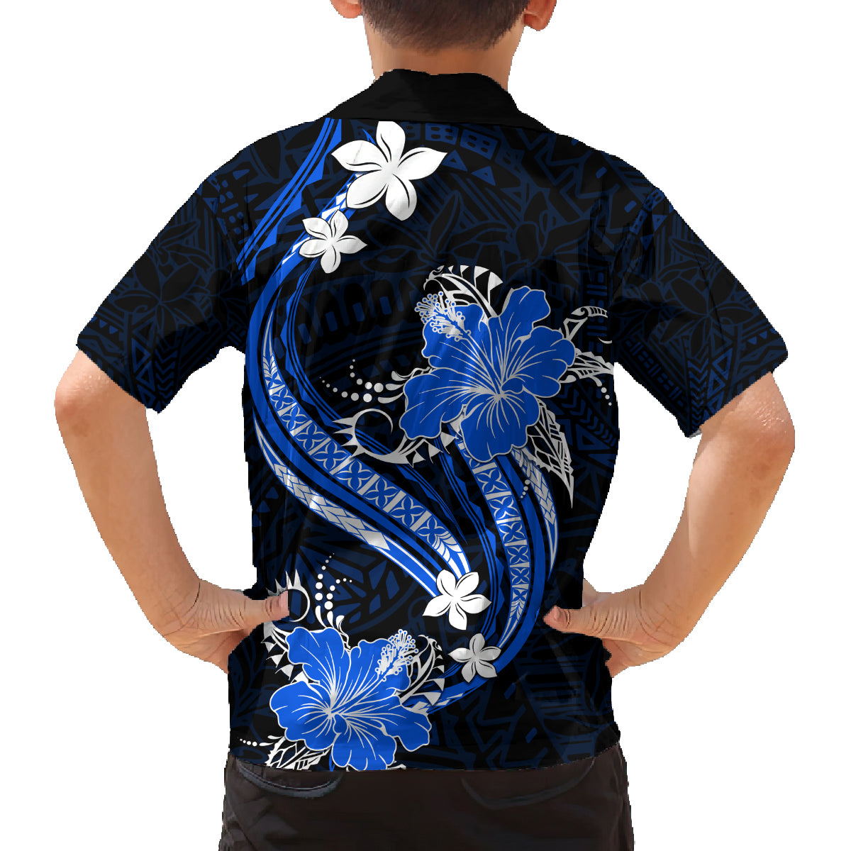 Blue Polynesian Pattern With Tropical Flowers Family Matching Long Sleeve Bodycon Dress and Hawaiian Shirt LT05 - Polynesian Pride