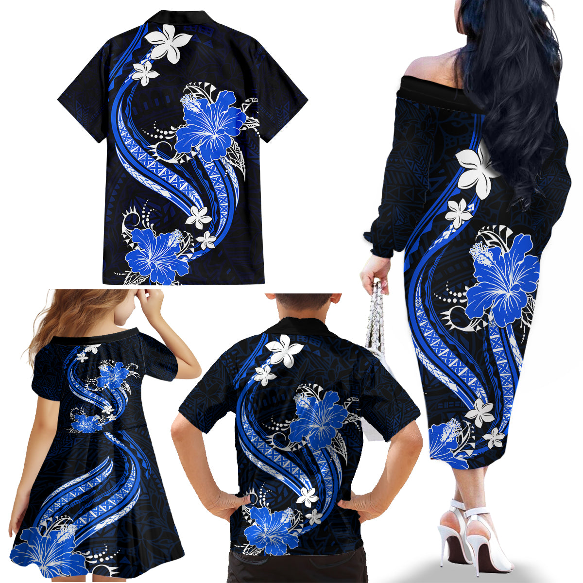 Blue Polynesian Pattern With Tropical Flowers Family Matching Off Shoulder Long Sleeve Dress and Hawaiian Shirt LT05 - Polynesian Pride