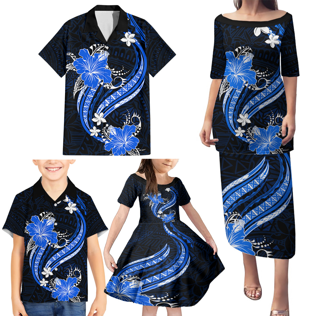 Blue Polynesian Pattern With Tropical Flowers Family Matching Puletasi Dress and Hawaiian Shirt LT05 - Polynesian Pride
