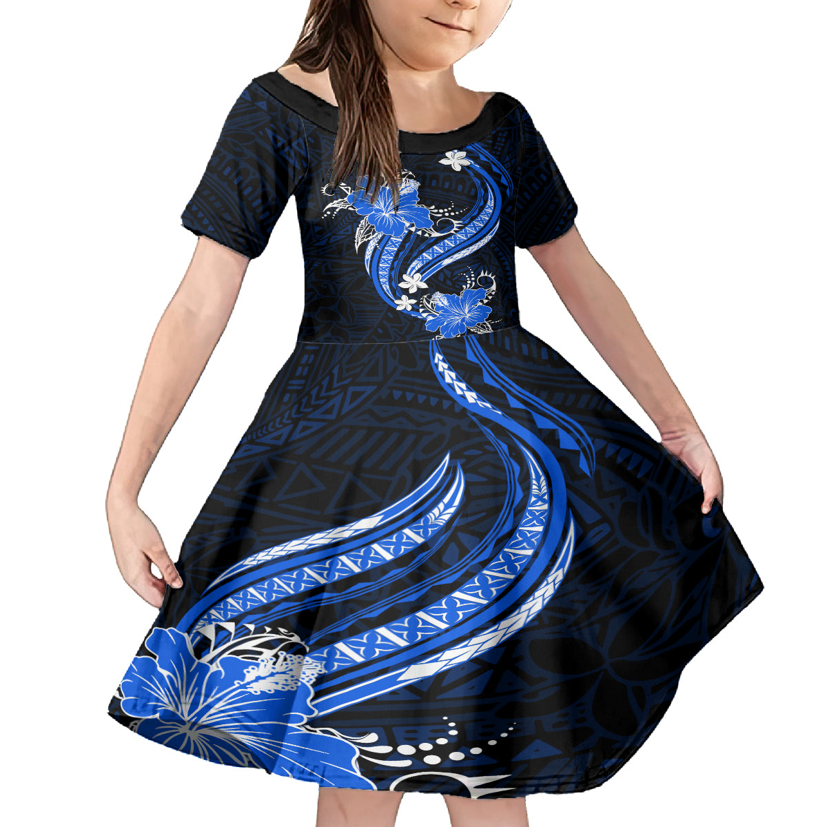 Blue Polynesian Pattern With Tropical Flowers Family Matching Summer Maxi Dress and Hawaiian Shirt LT05 Daughter's Dress Blue - Polynesian Pride