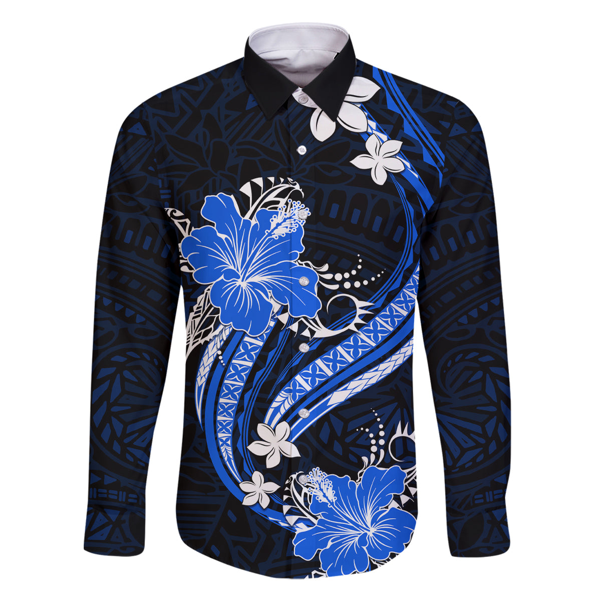 Blue Polynesian Pattern With Tropical Flowers Family Matching Tank Maxi Dress and Hawaiian Shirt LT05 Dad's Shirt - Long Sleeve Blue - Polynesian Pride