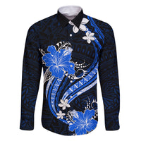 Blue Polynesian Pattern With Tropical Flowers Family Matching Tank Maxi Dress and Hawaiian Shirt LT05 Dad's Shirt - Long Sleeve Blue - Polynesian Pride