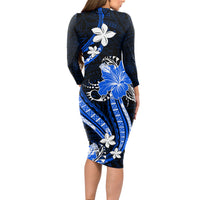 Blue Polynesian Pattern With Tropical Flowers Long Sleeve Bodycon Dress LT05 - Polynesian Pride