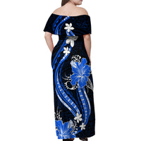 Blue Polynesian Pattern With Tropical Flowers Off Shoulder Maxi Dress LT05 - Polynesian Pride