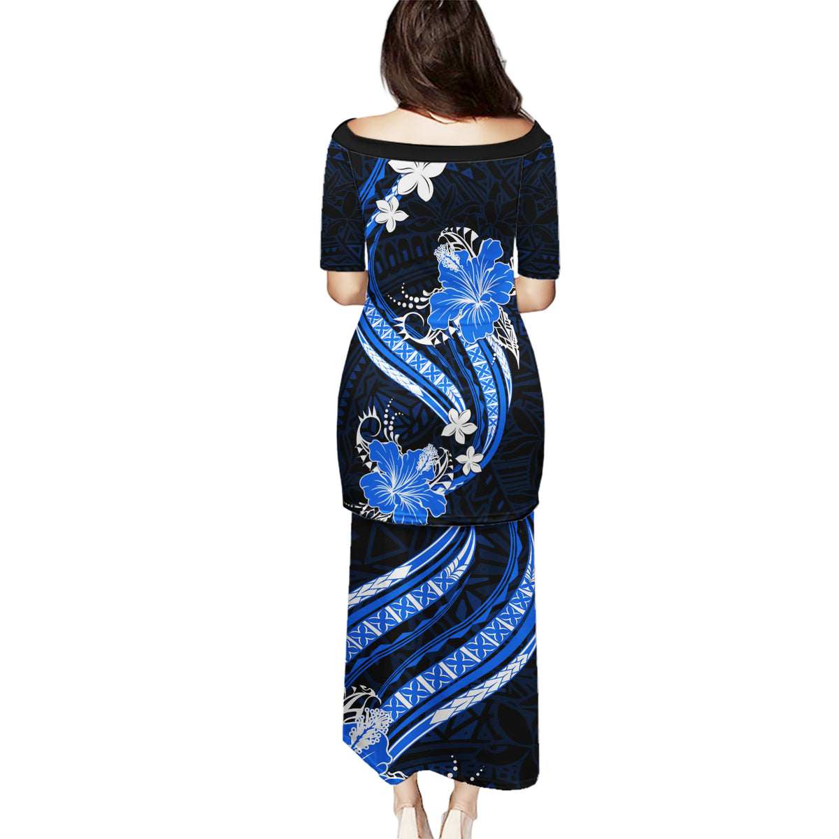 Blue Polynesian Pattern With Tropical Flowers Puletasi LT05 - Polynesian Pride