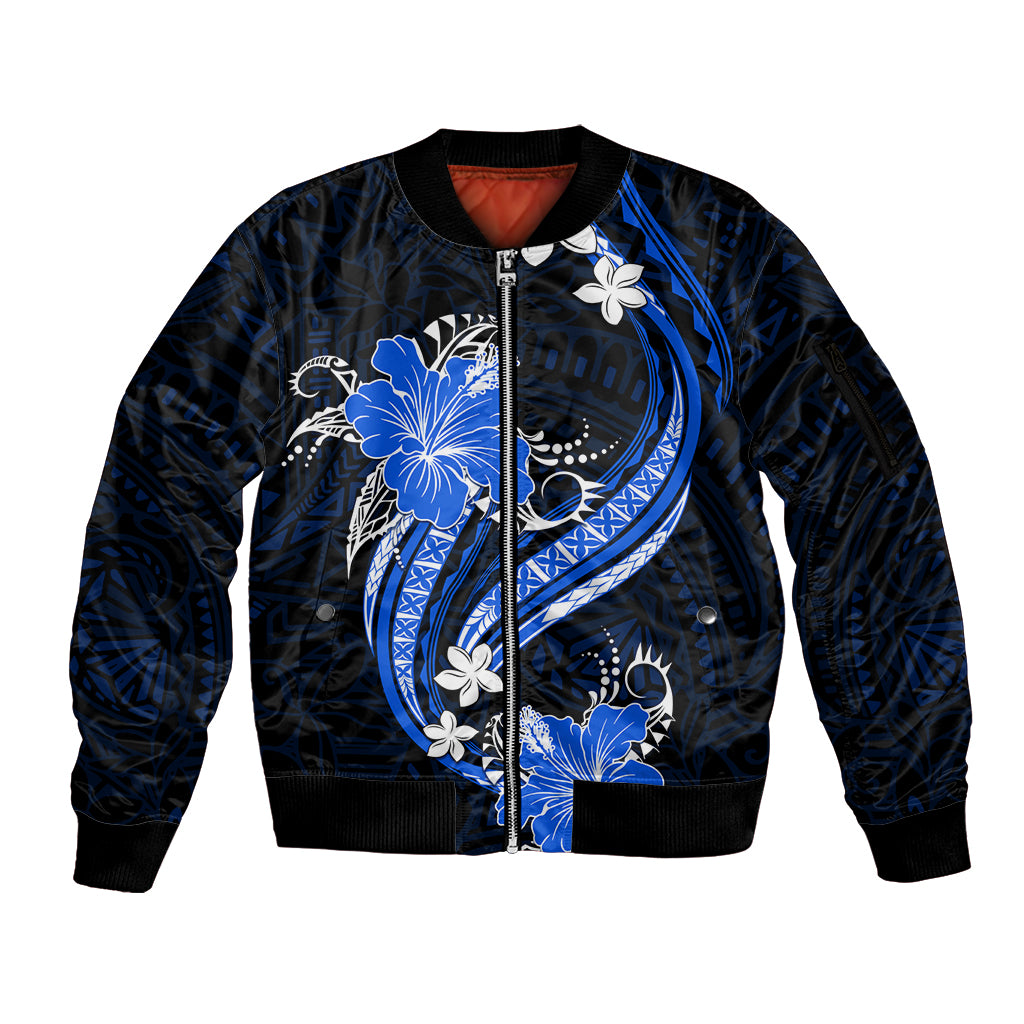 Blue Polynesian Pattern With Tropical Flowers Sleeve Zip Bomber Jacket LT05 Unisex Blue - Polynesian Pride