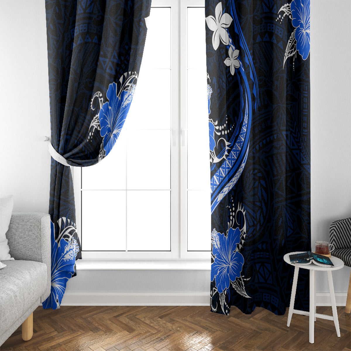 Blue Polynesian Pattern With Tropical Flowers Window Curtain LT05 - Polynesian Pride