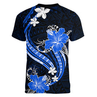 Blue Polynesian Pattern With Tropical Flowers Women V Neck T Shirt LT05 - Polynesian Pride