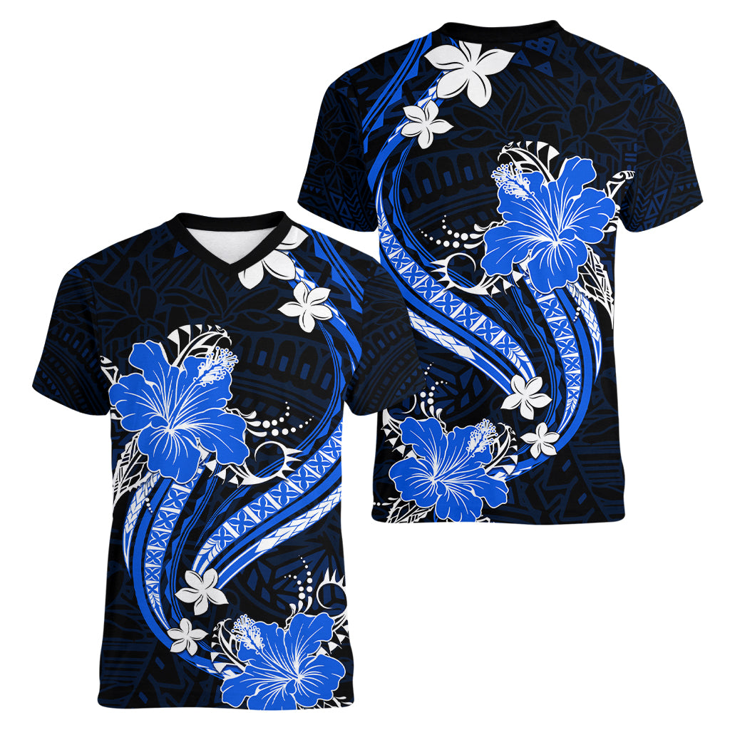 Blue Polynesian Pattern With Tropical Flowers Women V Neck T Shirt LT05 - Polynesian Pride