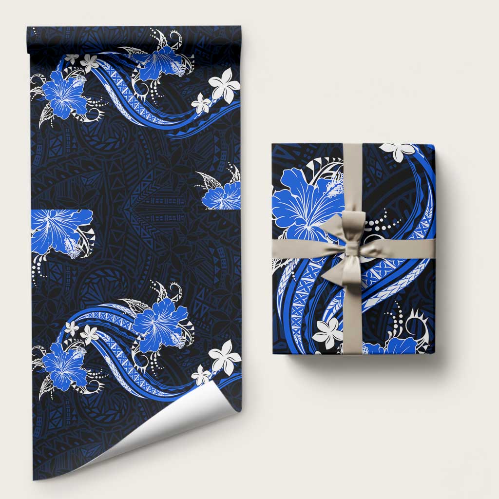 Blue Polynesian Pattern With Tropical Flowers Wrapping Paper - Polynesian Pride