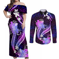 Galaxy Polynesian Pattern With Tropical Flowers Couples Matching Off Shoulder Maxi Dress and Long Sleeve Button Shirt LT05 Galaxy - Polynesian Pride