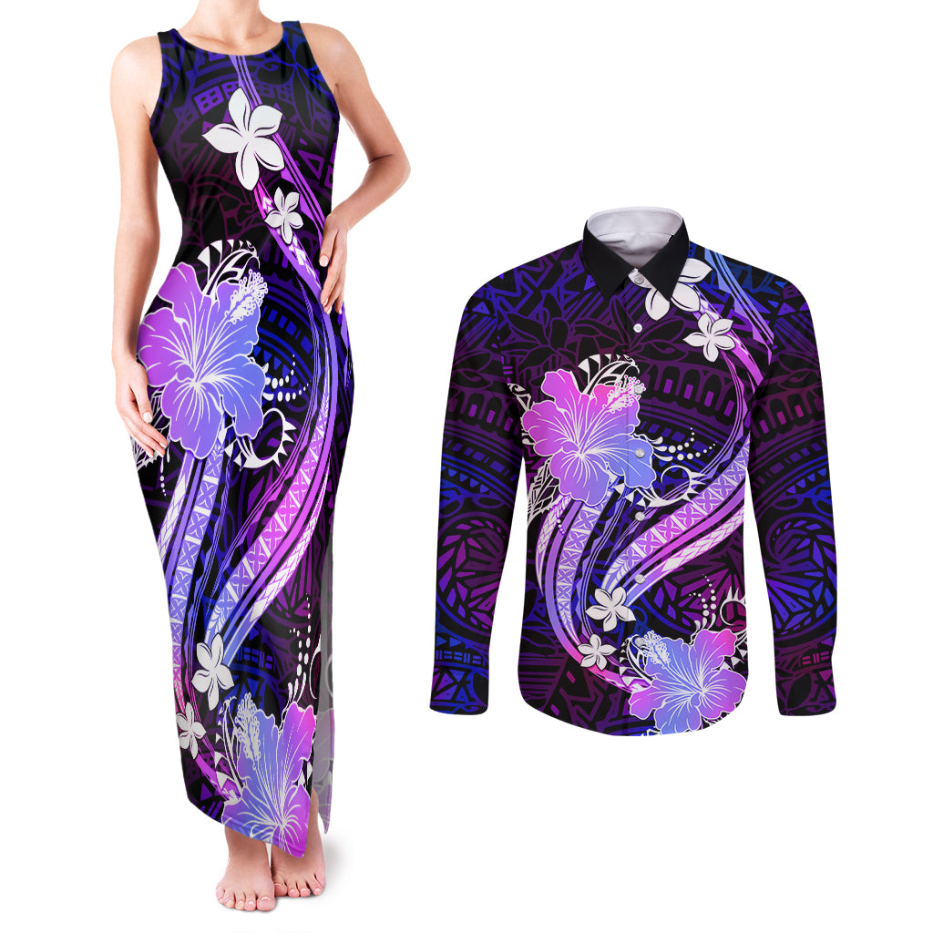 Galaxy Polynesian Pattern With Tropical Flowers Couples Matching Tank Maxi Dress and Long Sleeve Button Shirt LT05 Galaxy - Polynesian Pride