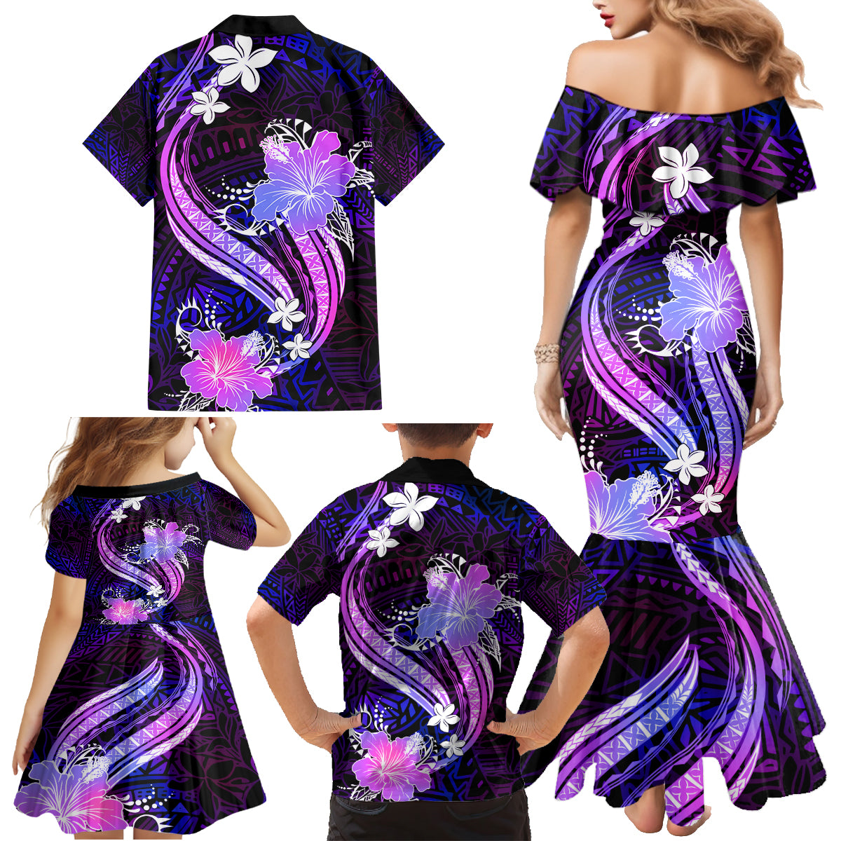 Galaxy Polynesian Pattern With Tropical Flowers Family Matching Mermaid Dress and Hawaiian Shirt LT05 - Polynesian Pride