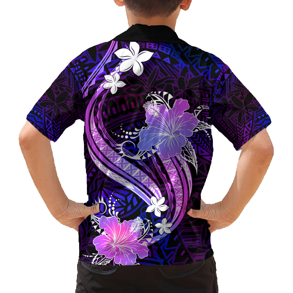 Galaxy Polynesian Pattern With Tropical Flowers Family Matching Off Shoulder Long Sleeve Dress and Hawaiian Shirt LT05 - Polynesian Pride