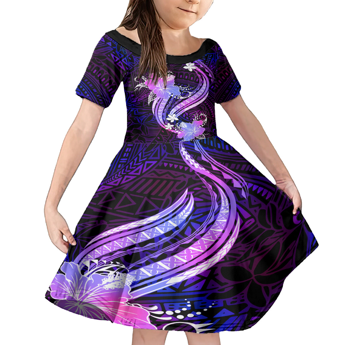Galaxy Polynesian Pattern With Tropical Flowers Family Matching Off Shoulder Long Sleeve Dress and Hawaiian Shirt LT05 Daughter's Dress Galaxy - Polynesian Pride