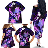 Galaxy Polynesian Pattern With Tropical Flowers Family Matching Off Shoulder Long Sleeve Dress and Hawaiian Shirt LT05 - Polynesian Pride