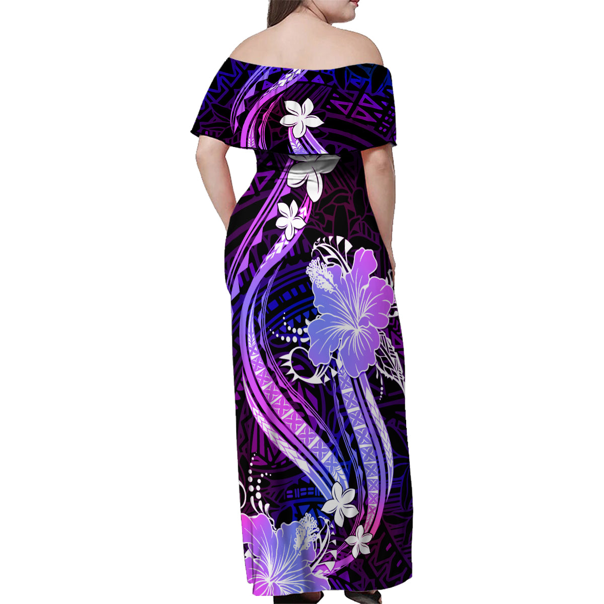 Galaxy Polynesian Pattern With Tropical Flowers Family Matching Off Shoulder Maxi Dress and Hawaiian Shirt LT05 - Polynesian Pride